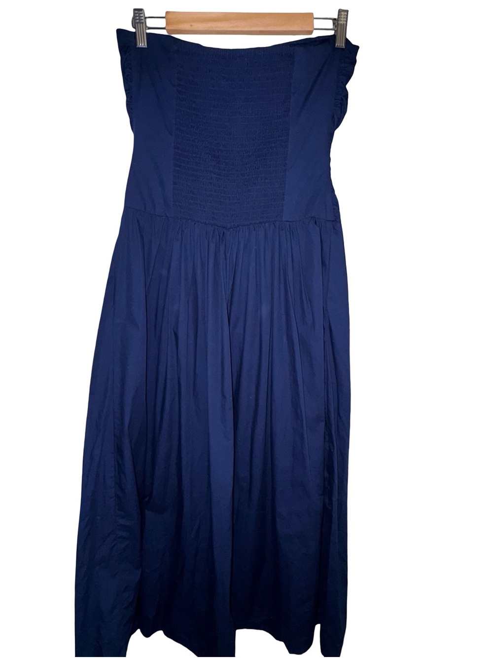 Band of the Free Dress Sz L Strapless Navy Blue Cotton Midi Ruched Smocked Boho - Picture 3 of 5